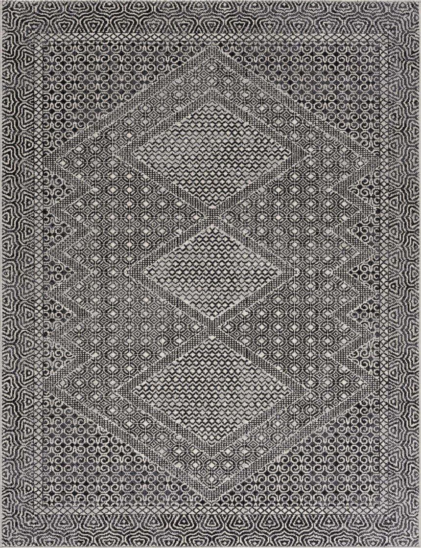 Detailed black and white geometric pattern on the Coledale Washable Rug. Farmhouse style, machine woven polyester. Design-Rectangle-537