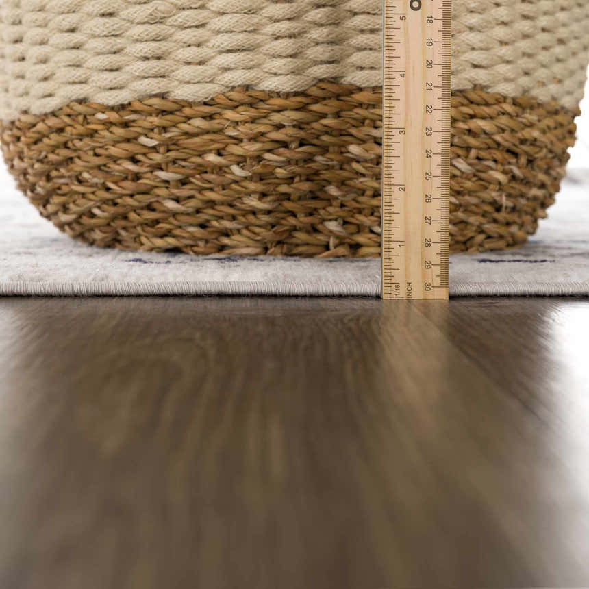 Close-up of the Duena Area Rug showing its light gray and blue traditional pattern with a ruler for scale. Pile