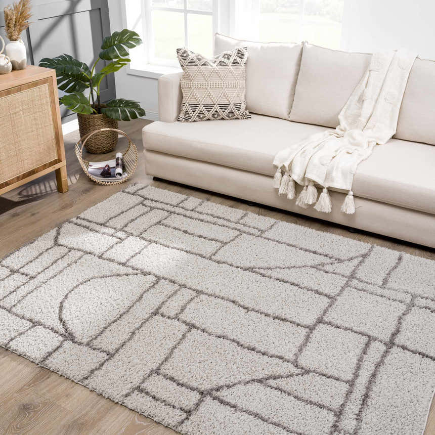 Living room scene with a silver Andia Gray Area Rug, white sofa, and light wood accents. Roomscene-Rectangle