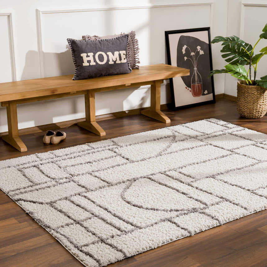 Entryway scene with a geometric Andia Gray Area Rug, wooden bench, and home decor. Roomscene-Rectangle