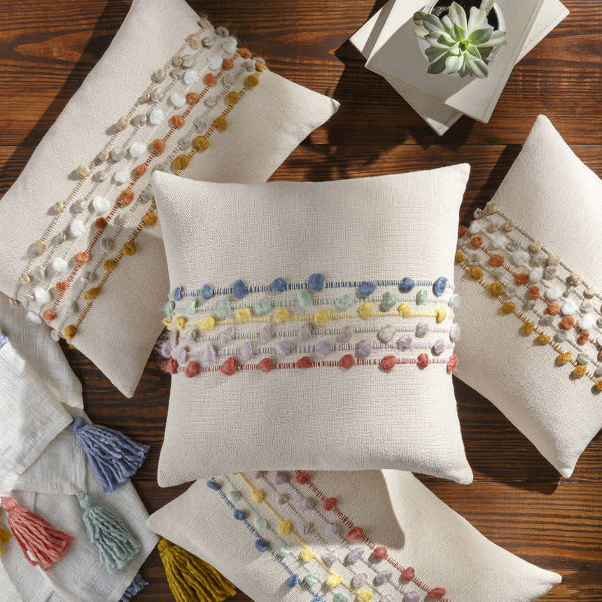 Pomira Light Beige Cottage Country Cotton Lumbar Pillow with Multicolor Pom Pom Tassels - Clearance