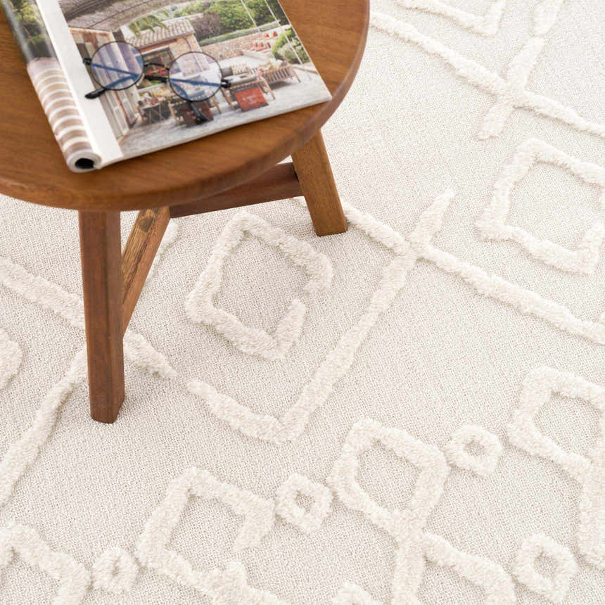 Close-up of the Gyundyukoru Area Rug in bone and cream, featuring a geometric design and plush, textured pile. Styleshot