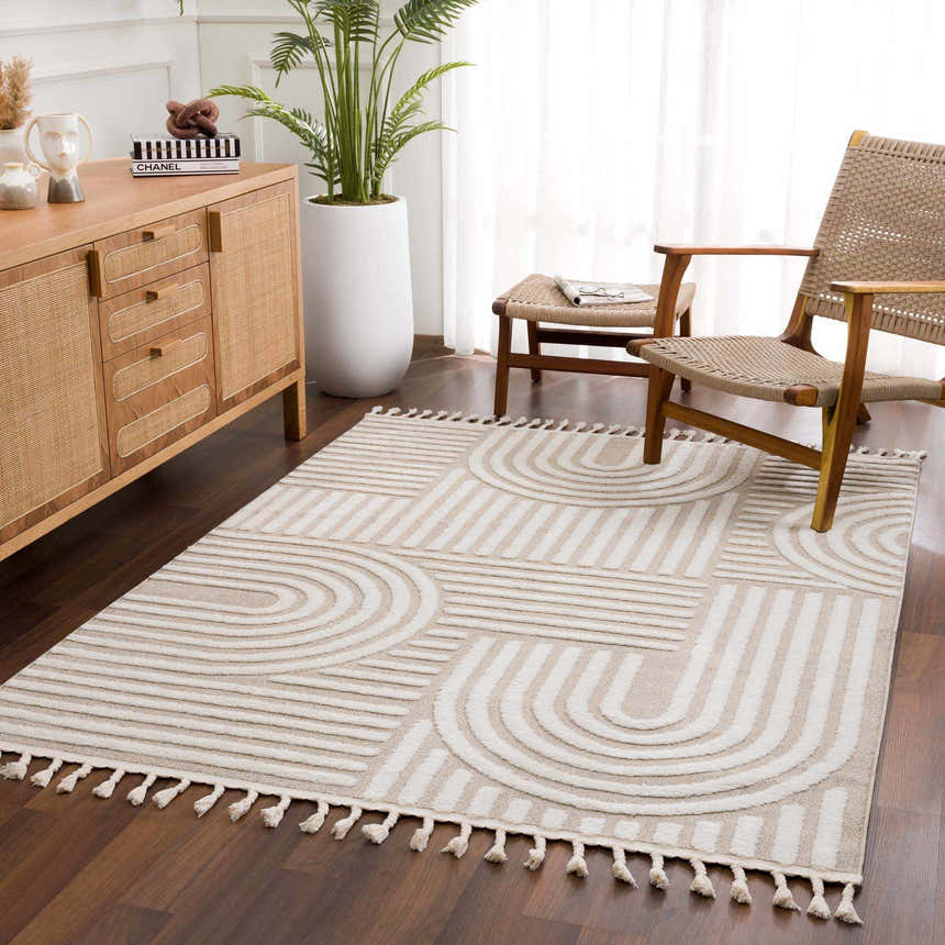 Living room scene with a beige Moise Area Rug, wooden cabinet, woven chairs, and potted plant. Roomscene-Rectangle