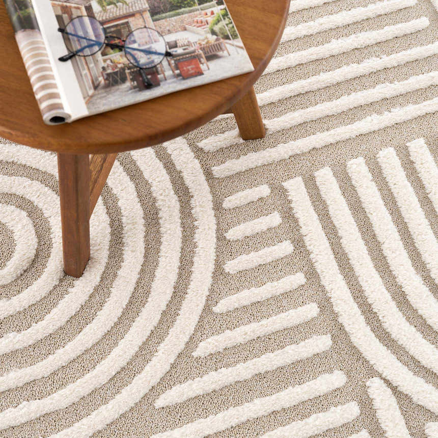 Close-up of the Moise Area Rug, a beige and cream rug with a contemporary geometric pattern and textured, machine-woven construction. Styleshot