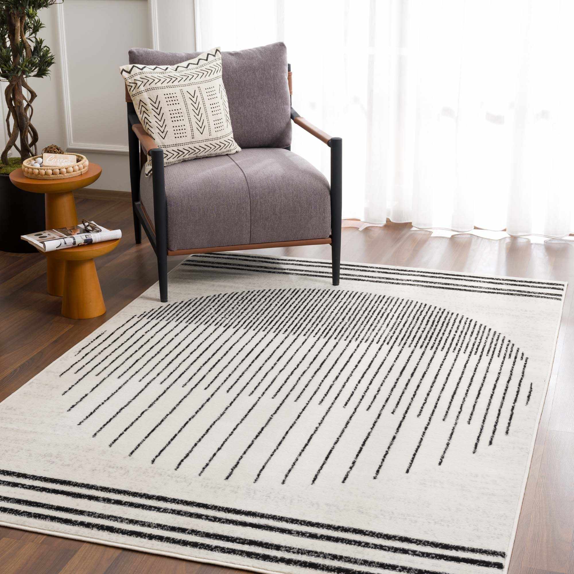 Round Wool Rug Unique Black White Striped Line Area Round Carpets