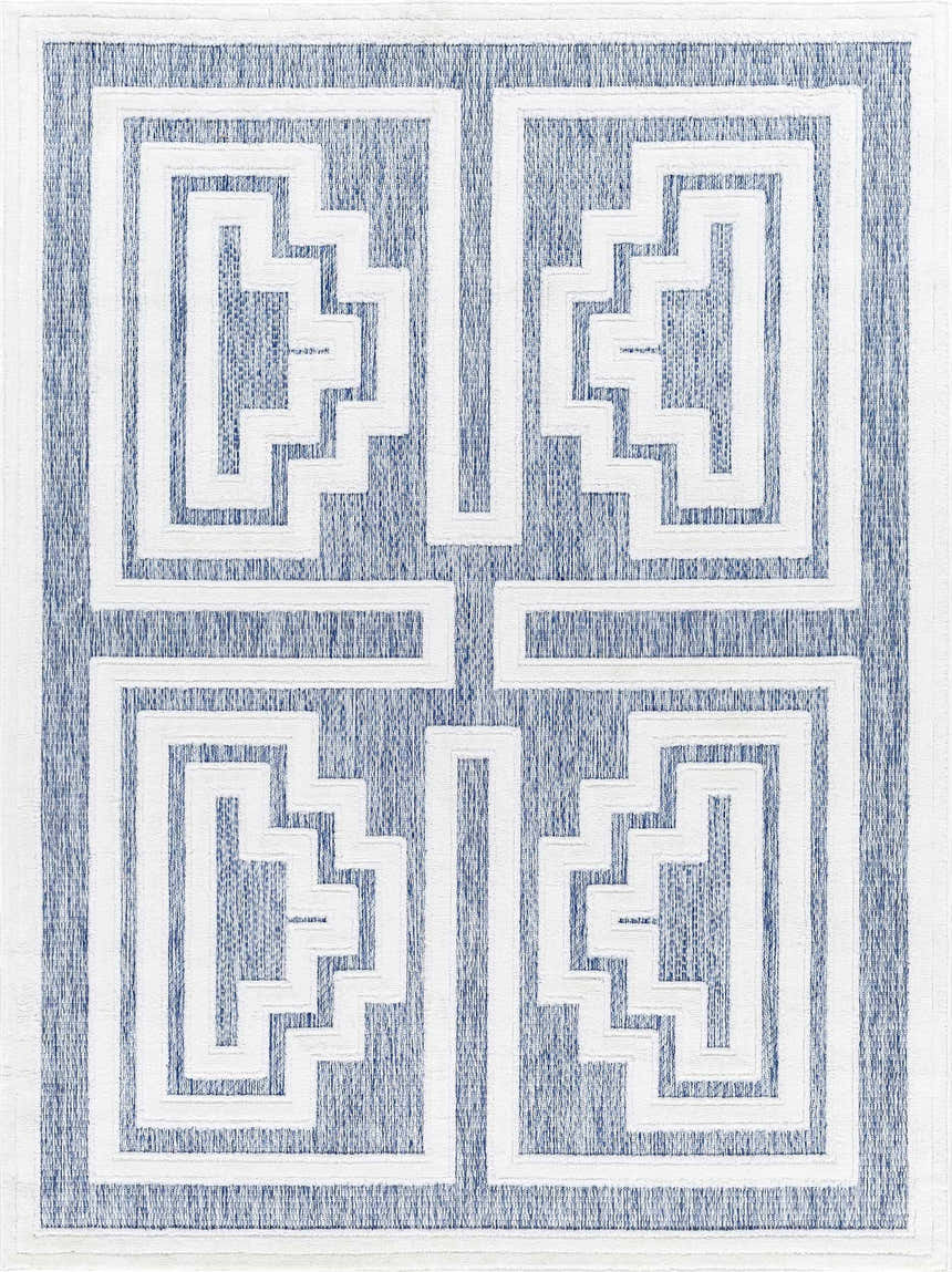 Close-up of the Yves Blue Outdoor Rug showing a contemporary geometric pattern in white against a blue background. Design-Rectangle-5373