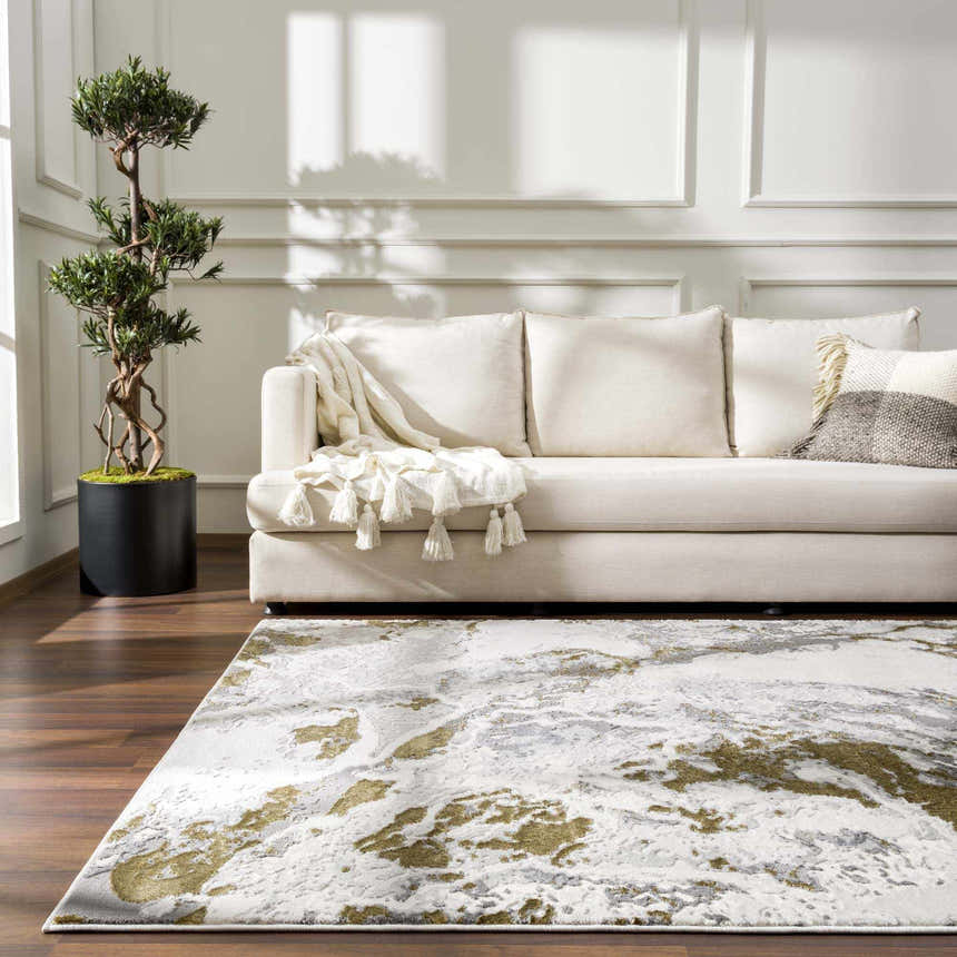 Living room scene with Kaleo Gray & Green Marble Area Rug, cream sofa, and decorative tree. Contemporary style. Roomscene-Rectangle