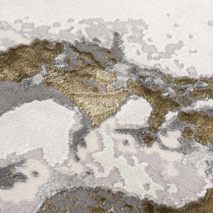 Close-up of Kaleo Gray & Green Marble Area Rug, showing abstract pattern, soft texture, and neutral colors. Texture