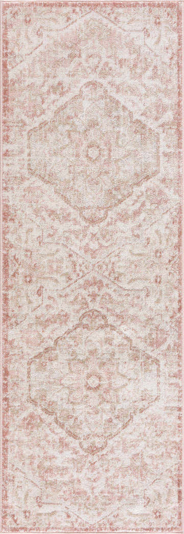 Close-up of the Leonora Area Rug, a machine-woven rug with a traditional design in cream, beige, light gray, pale pink, and plum. Design-Runner-2773