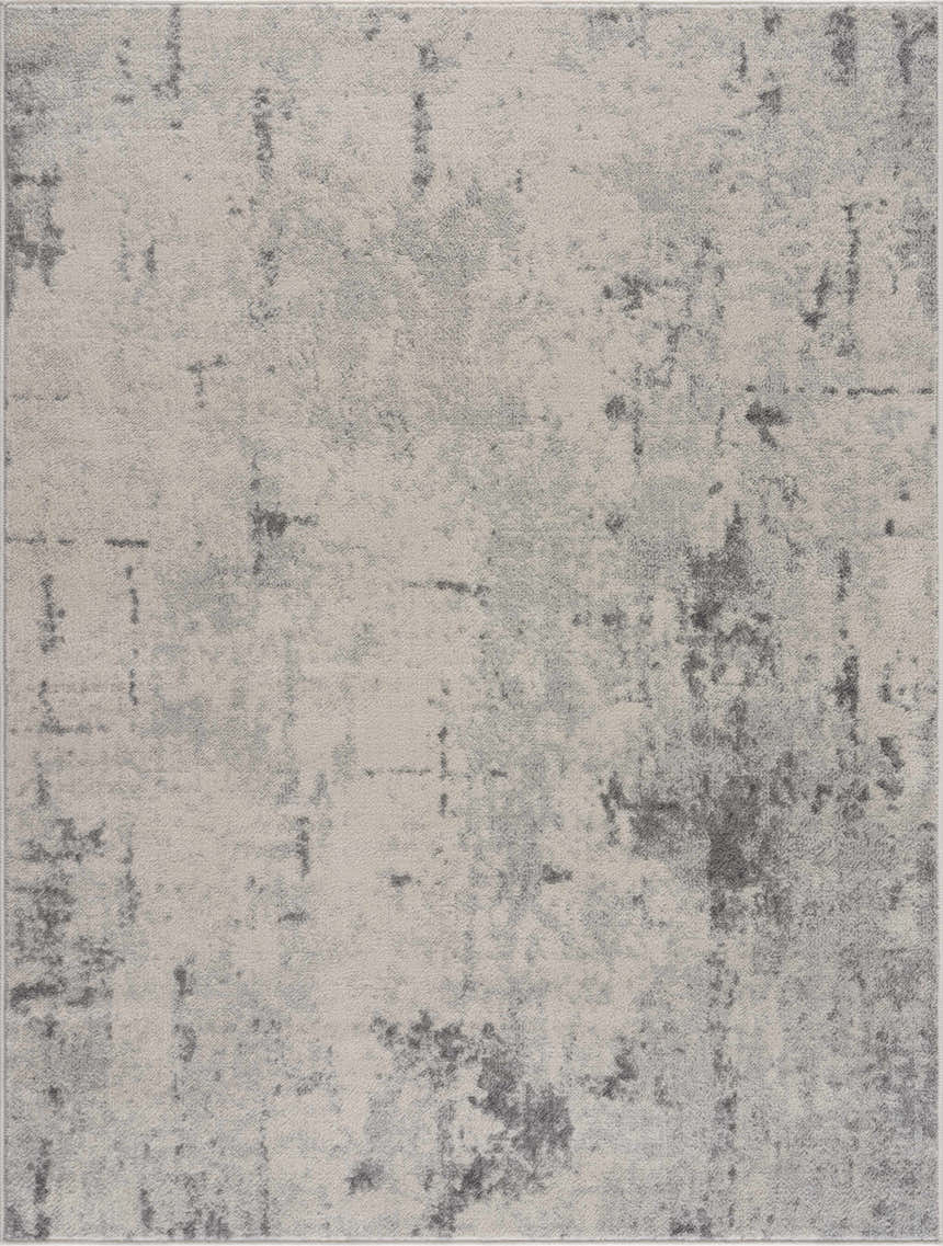 Close-up of the Tigrima Ivory 2319 area rug. Features a contemporary gray and ivory abstract design. Machine woven texture. Design-Rectangle