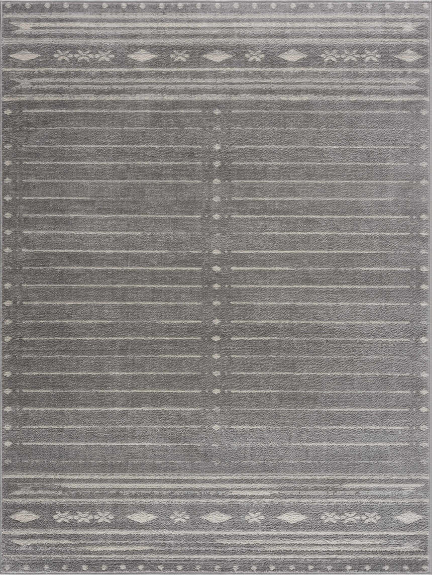 Close-up of Tigri Aztec Ivory & Gray Area Rug. Gray rug with ivory stripes and geometric Aztec-inspired pattern. Design-Rectangle