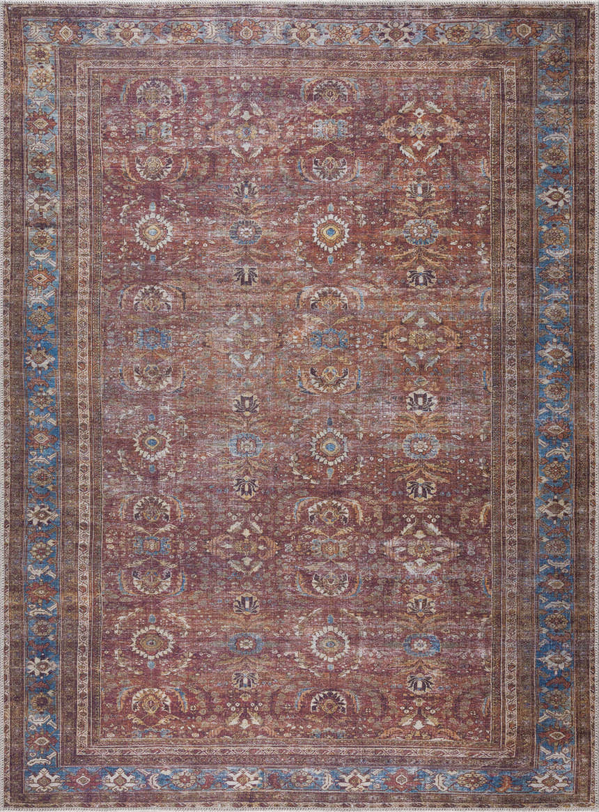 Detailed view of the Rust Baki Traditional Washable Area Rug, featuring a Persian-inspired design in rust, mustard, and blue tones. Design-Rectangle-527