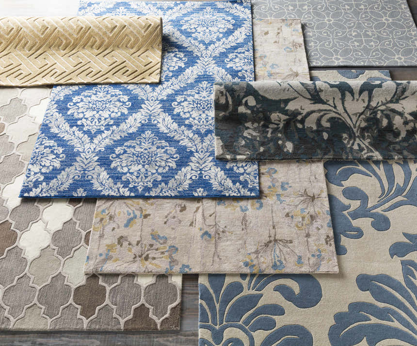 Assorted hand-tufted wool runner rugs: Davie Area Rug in ivory, slate blue, farmhouse, and traditional styles. Styleshot