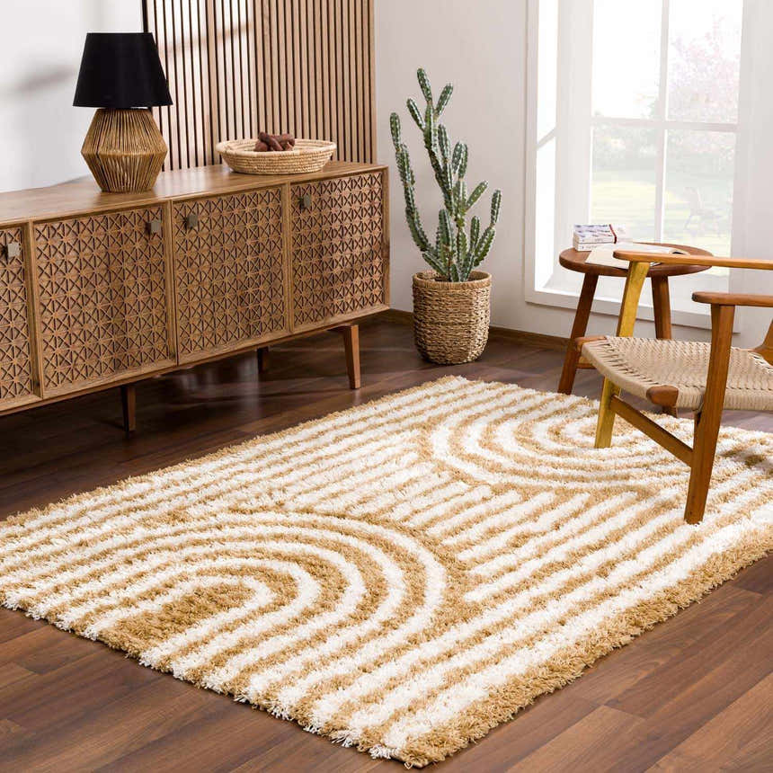Living room scene with a bone and brown geometric Calup Shag Area Rug, wood furniture, and a potted cactus. Roomscene-Rectangle