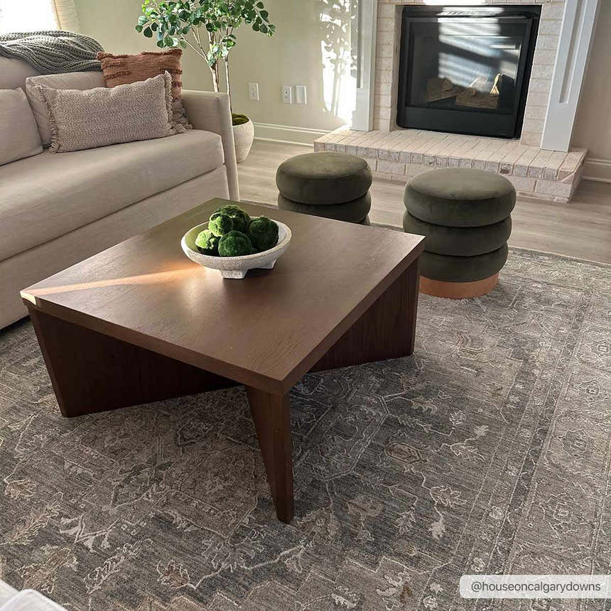 Living room scene with a gray Ulubey Distressed rug, wood coffee table, beige sofa, and a fireplace. Roomscene-Rectangle