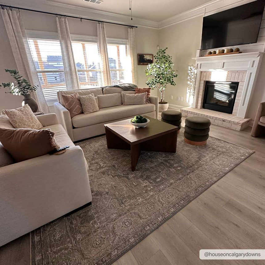 Living room scene with a beige sofa and the Ulubey Distressed Gray rug, creating a cozy, traditional feel. Roomscene-Rectangle