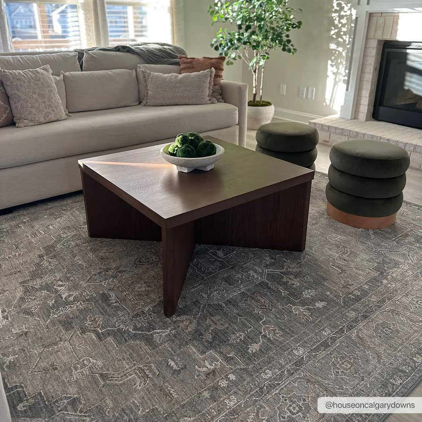 Living room scene with Ulubey Distressed Gray Thick Luxe Area Rug, brown coffee table, and beige sofa. Roomscene-Rectangle