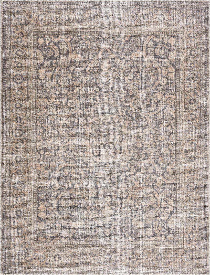 Close-up of the Orsin Washable Area Rug featuring a traditional, farmhouse design in neutral beige, brown, and gray tones. Design-Rectangle-537
