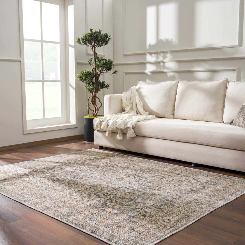 Living room scene with a beige sofa and the Orsin Washable Area Rug in a traditional pattern on a dark wood floor. Roomscene-Rectangle