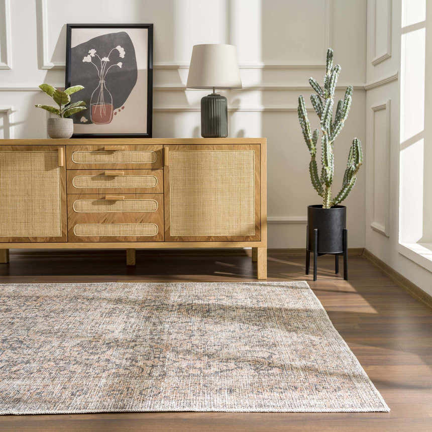 Living room scene with a light wood cabinet and the Orsin Washable Area Rug in neutral tones on a dark wood floor. Roomscene-Rectangle