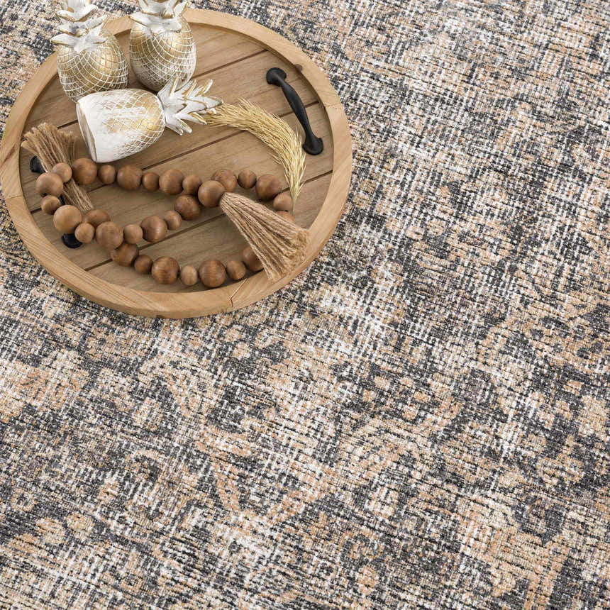Close-up of the Orsin Washable Area Rug, showing a farmhouse-style pattern in beige, gray, and white tones. Styleshot