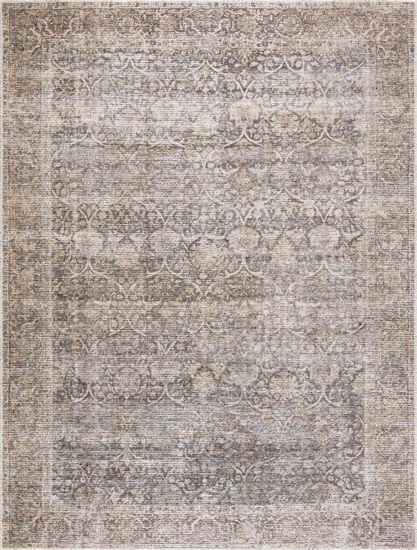 Close up of the Ohoud Washable Area Rug. Machine woven rug with a traditional pattern in neutral beige and gray tones. Design-Rectangle-537