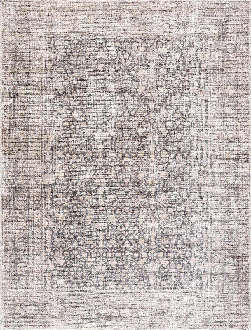 Close-up of the Odele Washable Area Rug. Medium gray farmhouse style with a traditional floral pattern and soft chenille texture. Design-Rectangle-537
