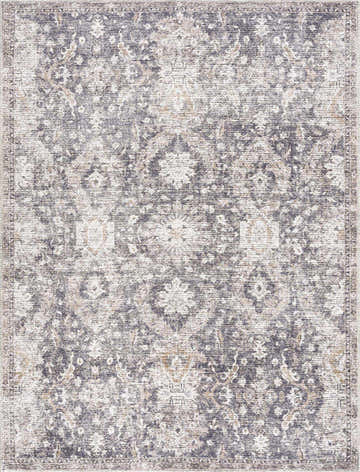 Close-up of a Mohan Washable Area Rug with a traditional floral pattern in shades of gray, white, and tan. Design-Rectangle-537