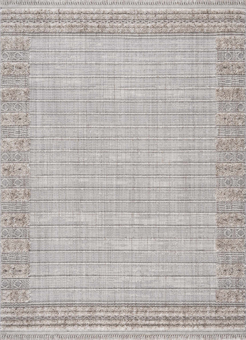 Close-up of Sulak Cream Area Rug with horizontal stripes and textured charcoal, beige and gray patterned borders. Design-Rectangle-537