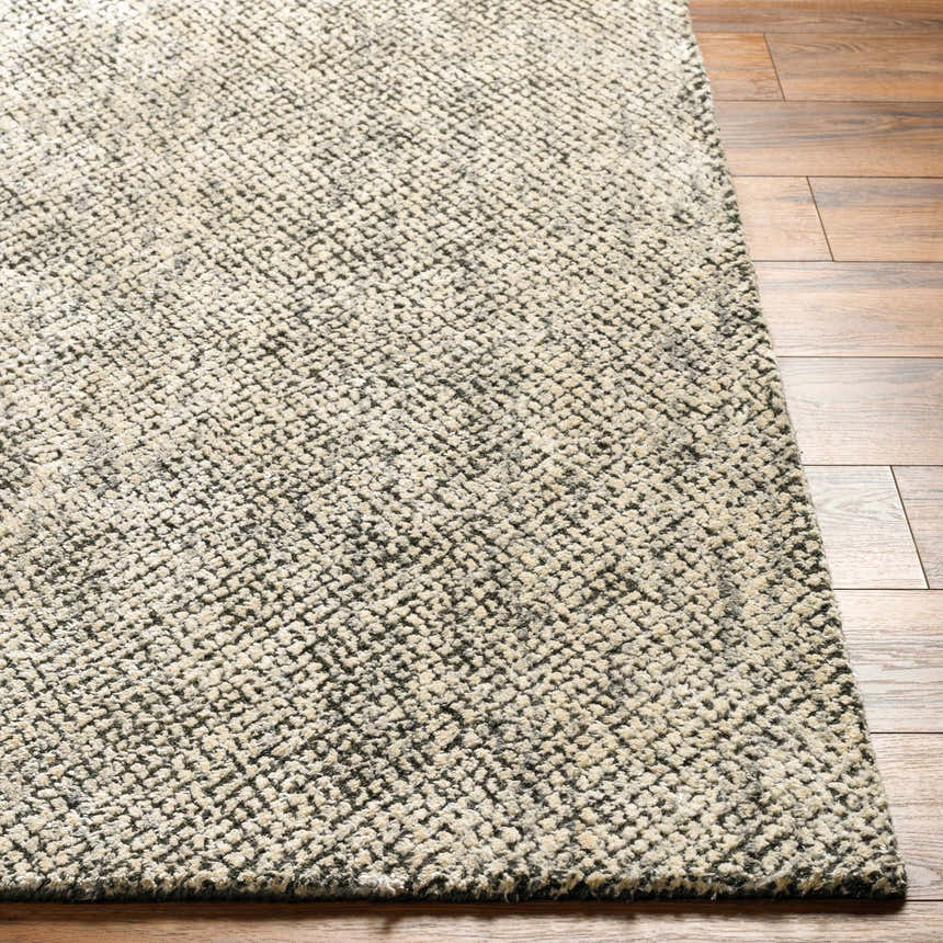 Close up of the Abiba Area Rug showing beige and black textured design on wood floor. Front