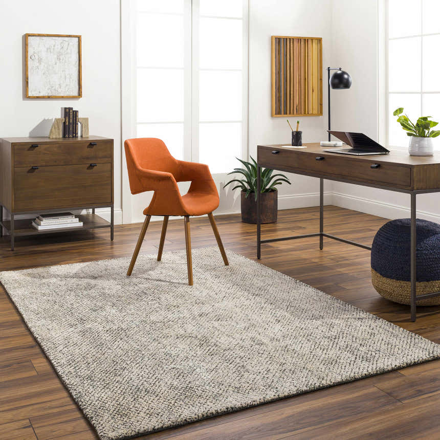 Contemporary home office with wood desk, orange chair, and beige Abiba Area Rug. Roomscene-Rectangle