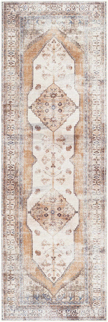 Close-up of the Arncliffe Washable Area Rug, a runner with a traditional brown and ivory Oriental-inspired design. Design-Runner-27710