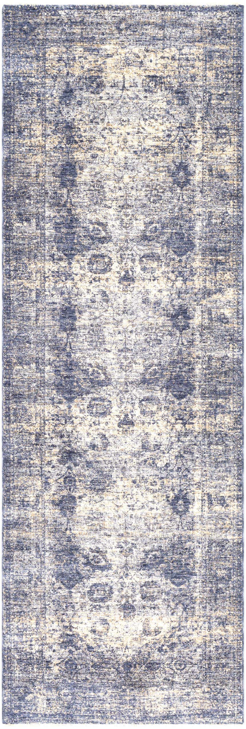 Close-up of the Accokeek Luxe Area Rug. Features a vintage, oriental design in denim, light beige, and navy. Design-Runner-3310