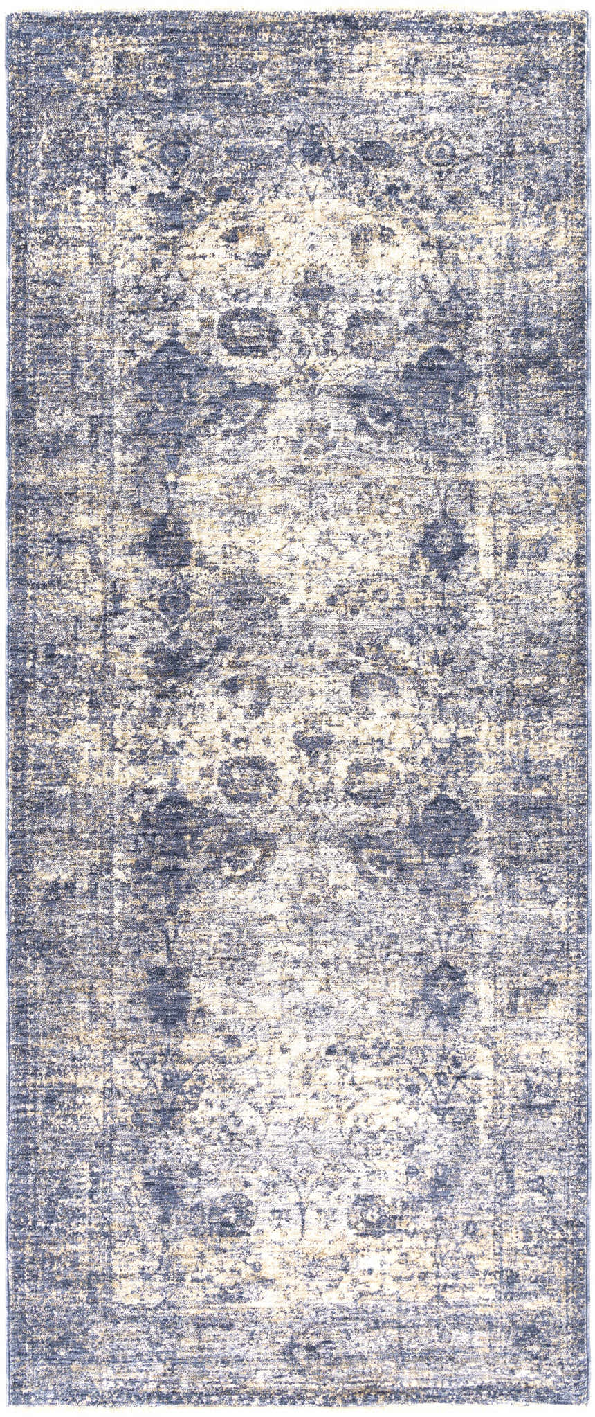 Close-up of the Accokeek Luxe Area Rug. Denim, light beige, and navy create a vintage, traditional pattern. Design-Runner-338