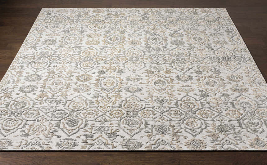 Close-up of Acle Area Rug showing its traditional, hand-loomed design in gray and beige tones on a dark wood floor. Front