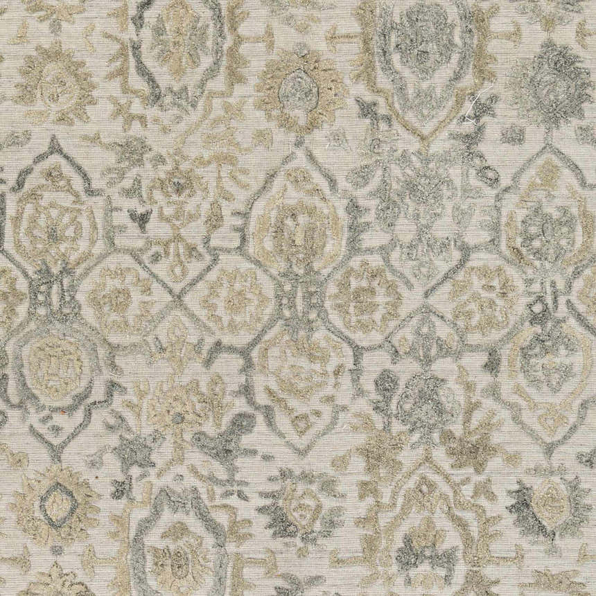 Close-up of the Acle Area Rug showing a neutral, traditional floral pattern in beige, gray, and cream. Swatch