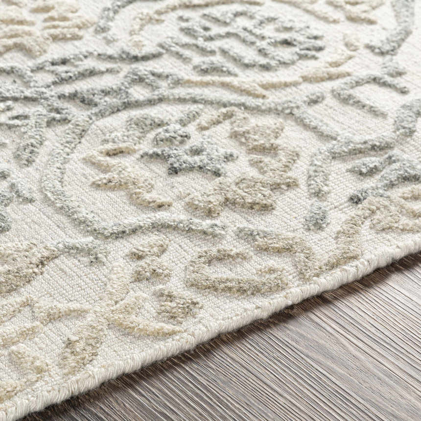 Close up of the Acle Area Rug showing the raised, textured pattern in beige and gray tones. Texture