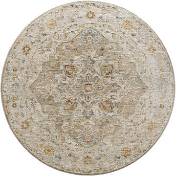 Detailed round Luxe Adana Oushak Rug with a traditional floral pattern in cream, tan, light brown, and denim. Design-Round-53