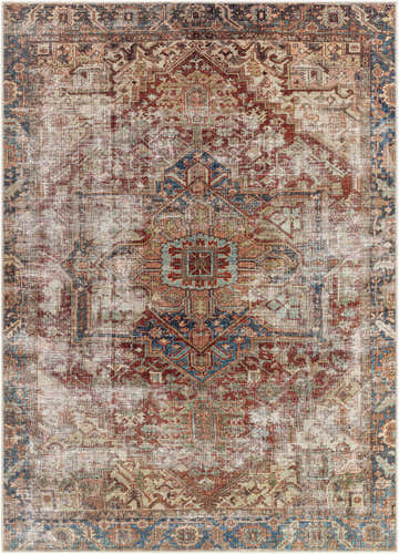 Detailed Adtugan Vintage Flat Pile Washable Rug. Traditional oriental design in burgundy, navy, and tan with a distressed texture. Design-Rectangle-5373