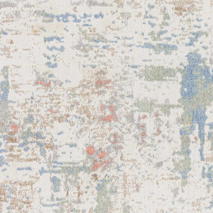 Close-up of the Ahava Washable Area Rug. Features an abstract pattern in white, blue, green, brown, and coral. Swatch