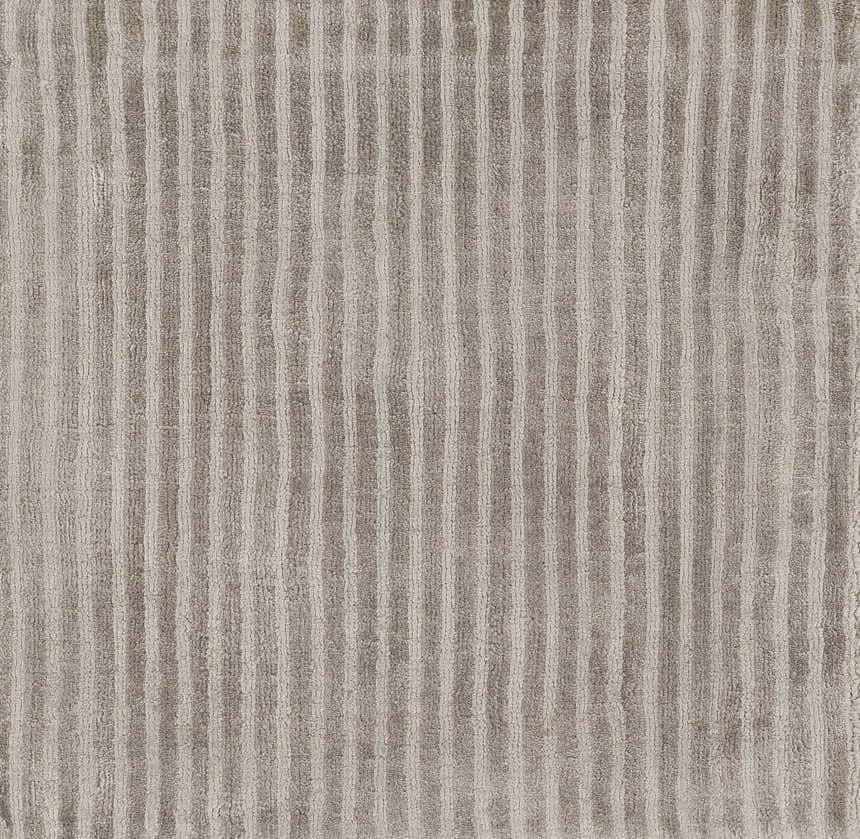 Close-up of the Ahmeek Area Rug. Medium gray rug with a subtle, textured stripe pattern. Hand-loomed viscose rug. Swatch