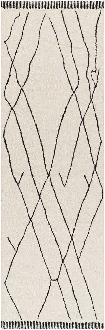 Close-up of the Alaca Arsenal Cream Hand Tufted Wool Area Rug. Features a black geometric line pattern on a cream, textured wool. Design-Runner-268