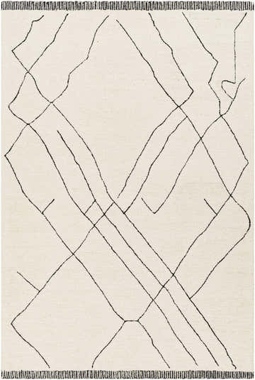 Close-up of the Alaca Arsenal Cream Hand Tufted Wool Area Rug, featuring a black geometric line pattern on a cream background. Design-Rectangle-576