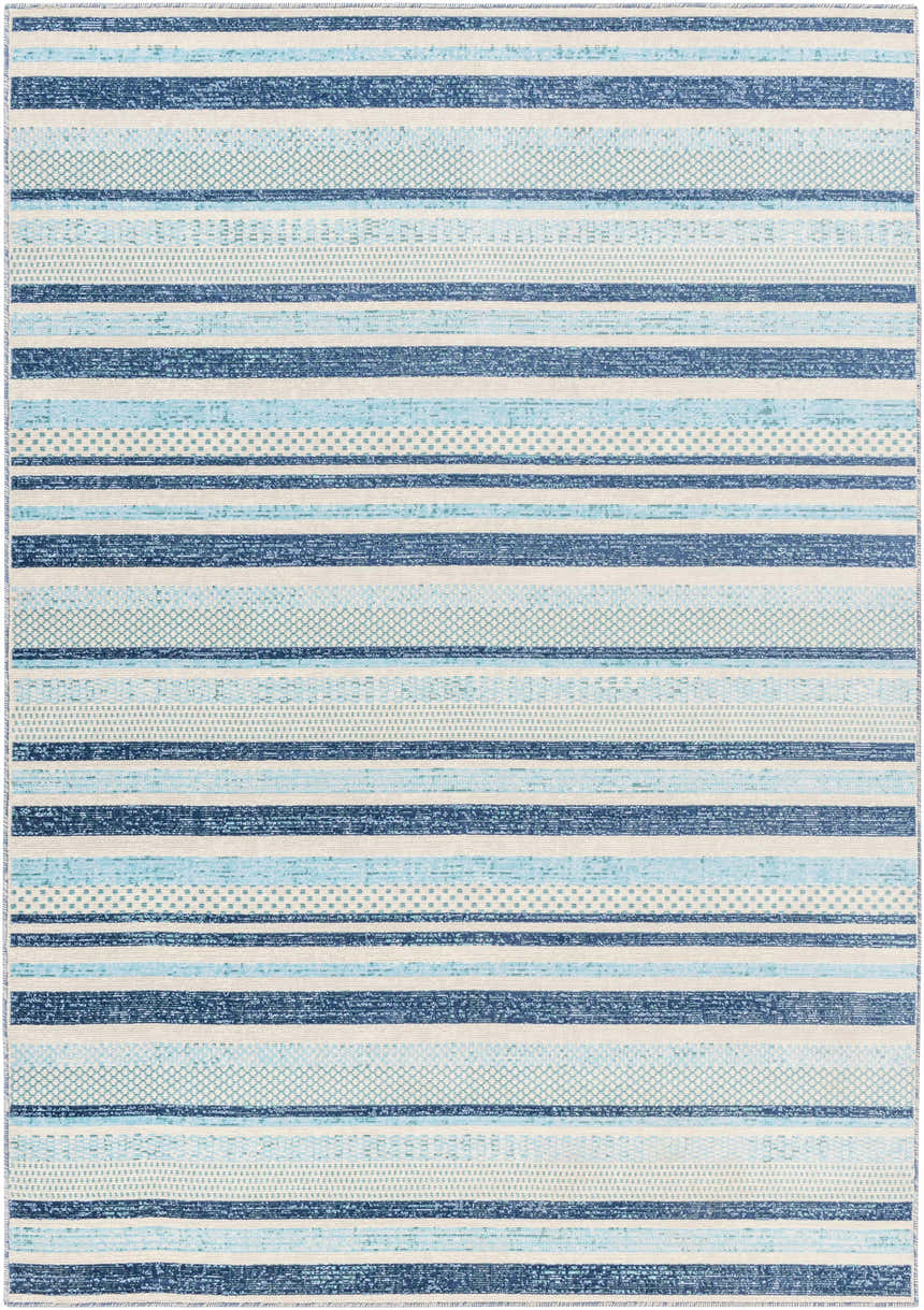 Close-up of Alain Area Rug with coastal stripes in shades of blue and white. Geometric pattern. Design-Rectangle-5373