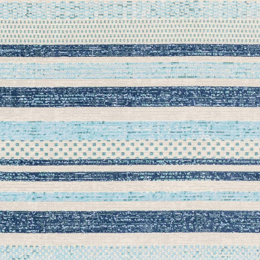 Close-up of the Alain Area Rug, featuring a geometric striped pattern in shades of blue and cream. Coastal style. Swatch