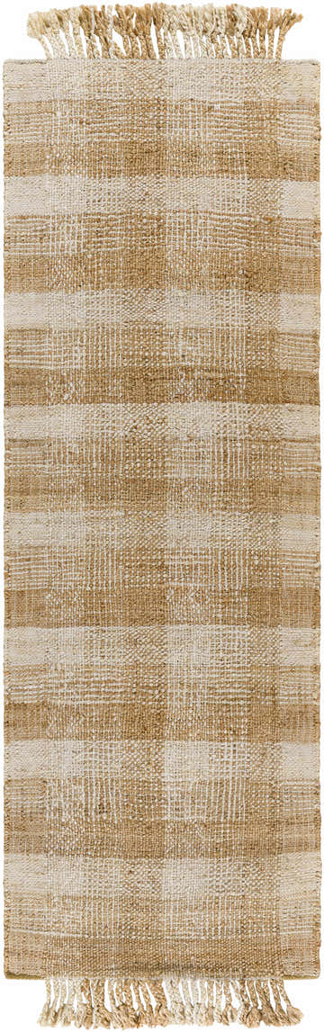 Close-up of the Alara Area Rug, a hand-woven jute rug with light beige and tan stripes and tassels. Geometric, farmhouse style. Design-Runner-268