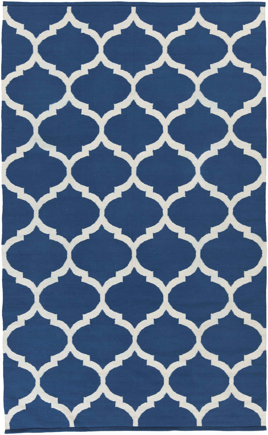 Close-up of the Alcalde Area Carpet. Hand-woven cotton rug in bright blue with an ivory quatrefoil pattern. Design-Rectangle-58