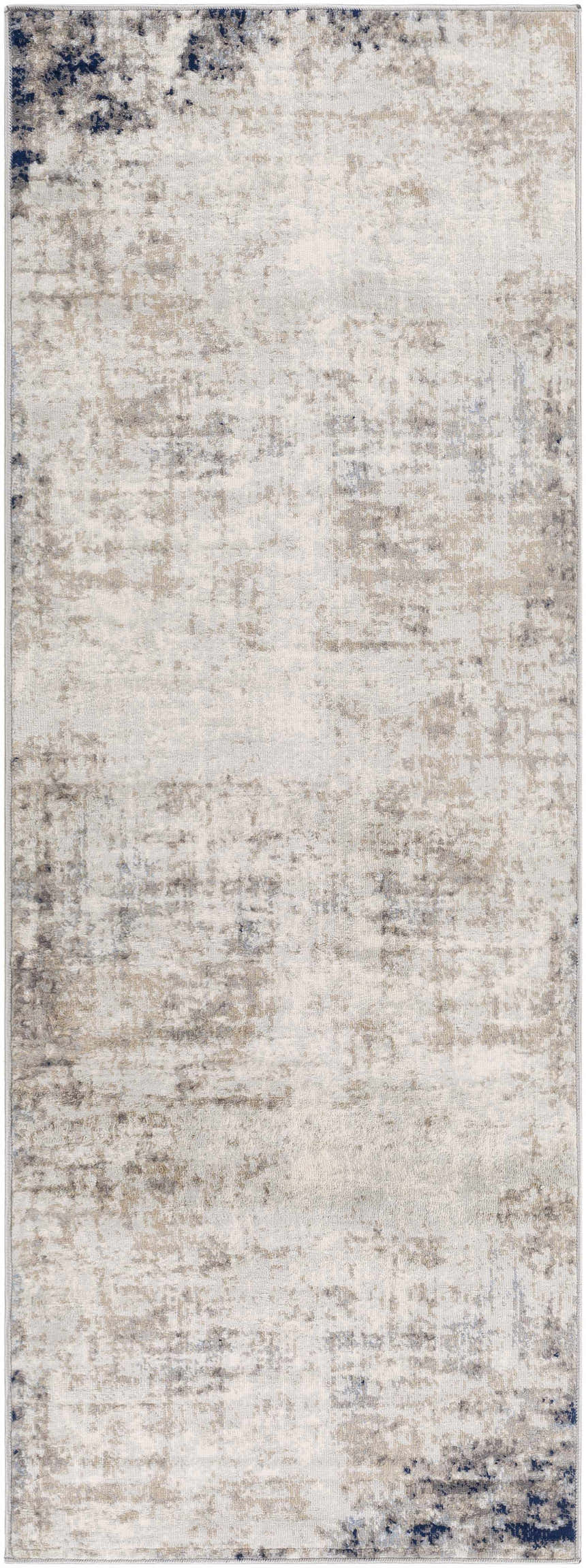 Alcove Abstract Area Rug with a contemporary design in dark blue, gray, and ivory hues. Machine woven polypropylene texture. Design-Runner-2710