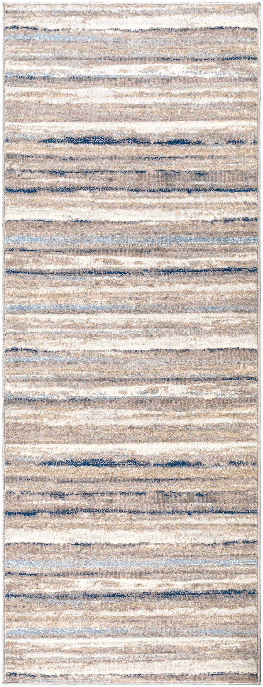 Close-up of the Aldavilla Abstract Striped Area Rug. Features gray, light blue, navy, and off-white horizontal stripes. Design-Runner-2710