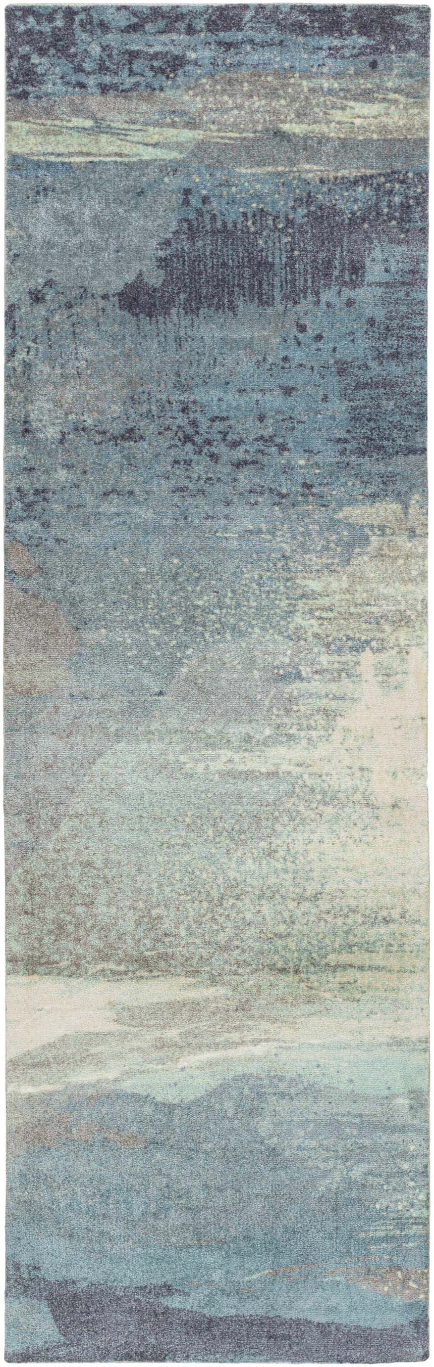 Close-up of the Alvaton Abstract Blue Rug, featuring a blend of blue, gray, and beige hues in a contemporary abstract design. Design-Runner-268